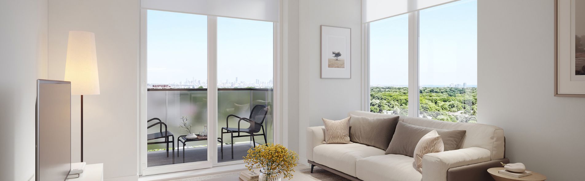 Living room and balcony of a Richview, Etobicoke apartment. 610 Martin Grove by Minto Apartments. slider-img